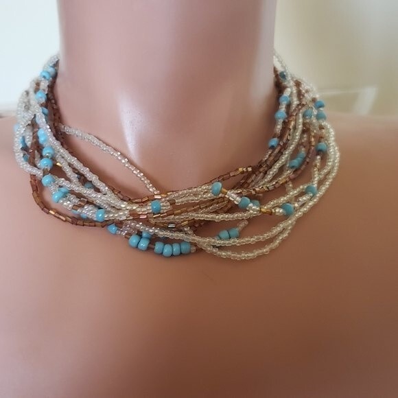 Y2K 2000s Multicolored Festival Blue Brown Bead Multi Strand Choker Necklace - Picture 2 of 2